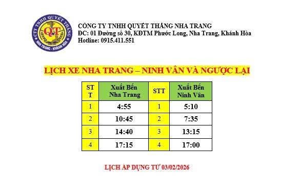 Lịch xe buýt Ninh Vân - Nha Trang